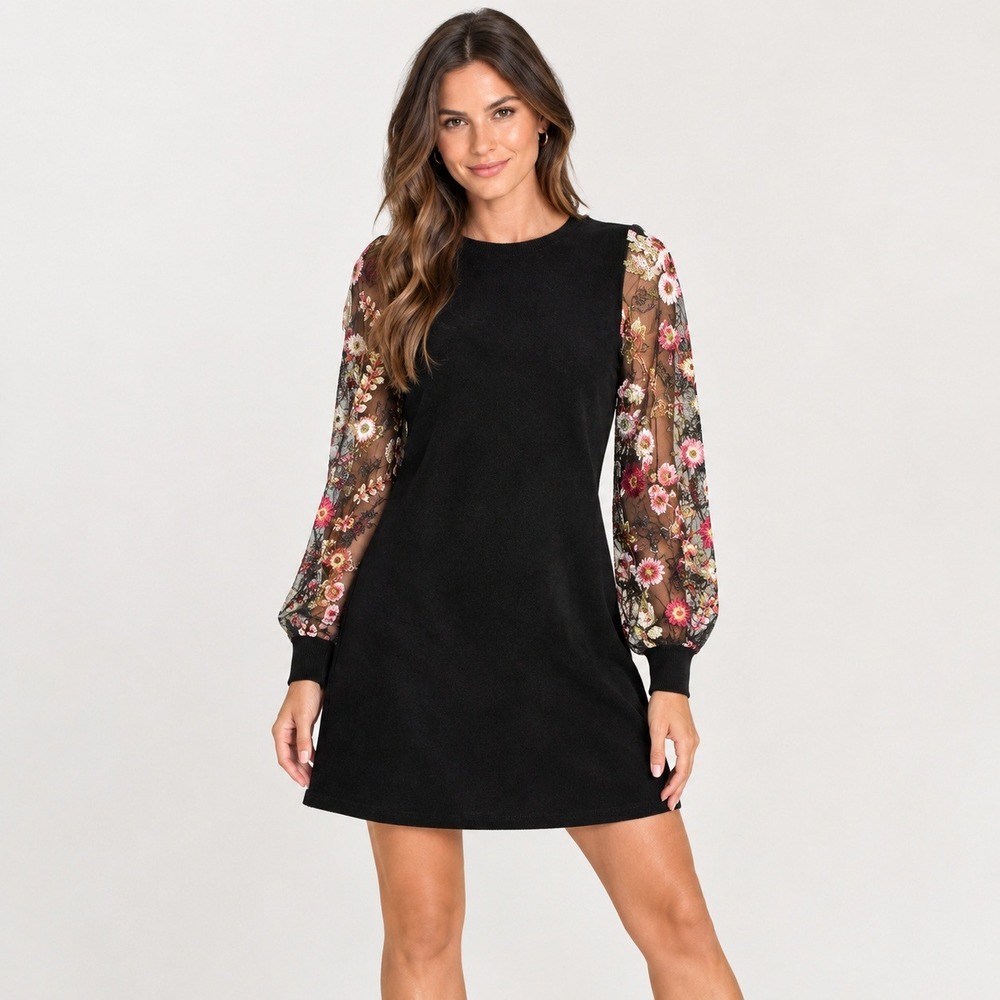 Black Velvet Whimsigoth Mini Dress Sheer Floral Embroidered Mesh Long Sleeve S
